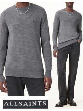 ALL SAINTS Men's Gray Mode Merino Crew Neck Ram Skull Sweater XL